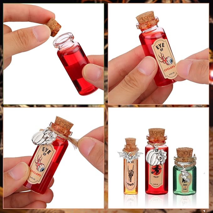 Newtay 53 Pcs Halloween Mini Potion Bottles Set Including 12 Decorative Glass Bottles with Cork Stoppers 20 Creepy Apothecary Bottle Labels Stickers 20 Charms Pendants 1 String (5/6/7/12 ML,Stylish)-Ruum Studio Home