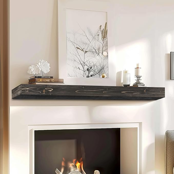 48x8x3 Fireplace Mantel - Handcrafted Hollow Rustic Solid Wood Wall Mounted Floating Shelf with Invisible Heavy Duty Wood Bracket (Weathered Black)-Ruum Studio Home