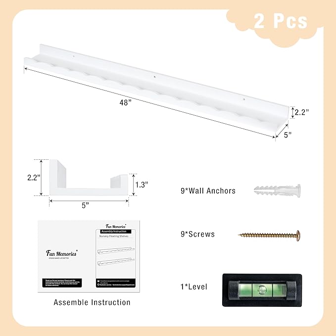 Fun Memories Picture Ledge Shelf for Wall, 48 inch Pine Wood Nursery Book Shelves Set of 2- Wall Book Shelves for Kids Room, Home Decor - Kitchen Spice-White-Ruum Studio Home