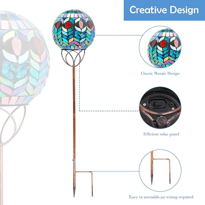 Afirst Solar Outdoor Garden Lights Decorative - Mosaic Solar Stakes Gazing Ball Waterproof Outdoor Lights Stakes for Pathway Yard Lawn Decoration(Green)-Ruum Studio Home