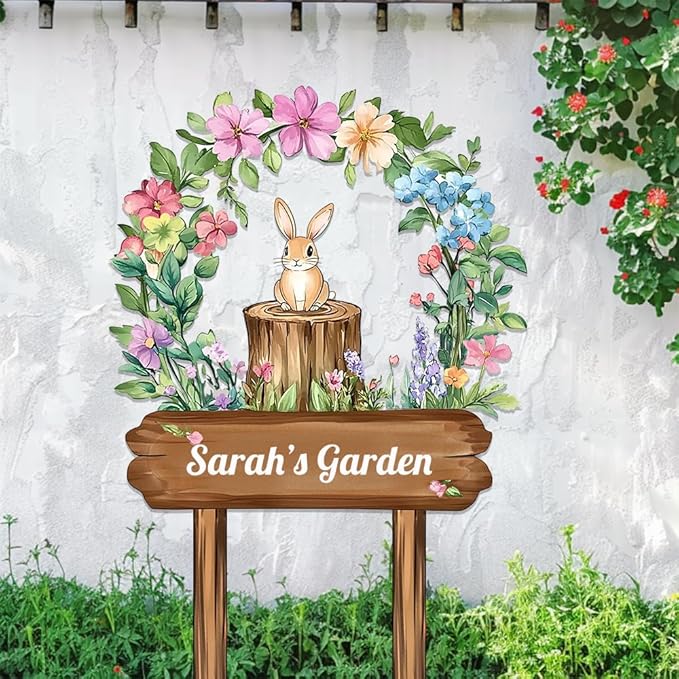 Personalized Rabbit Metal Sign with Stake,Custom Gardener Last Name Signs Outdoor Decor,Customized Flowers Gardening Birthday Gifts,Cute Animal Plaques for Patio Lawn Porch Backyard Farmhouse Outside-Ruum Studio Home