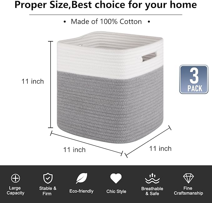 OIAHOMY Cube Storage Basket, 3-Pack Woven Cotton Rope Baskets for Storage, 11-Inch Cube Basket with Handles, Great for Shelves, Closets, Children's Toy Storage and Organization-White & Grey-Ruum Studio Home
