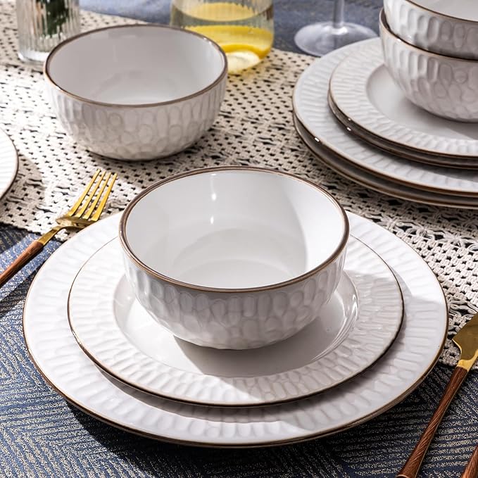 GBHOME Ceramic Dinnerware Sets,18 pcs Embossed Elegant Stoneware Plates and Bowls Sets, Housewarming Wedding Gift | Dishwasher & Microwave Safe | Dishes Set Service for 6-Ruum Studio Home