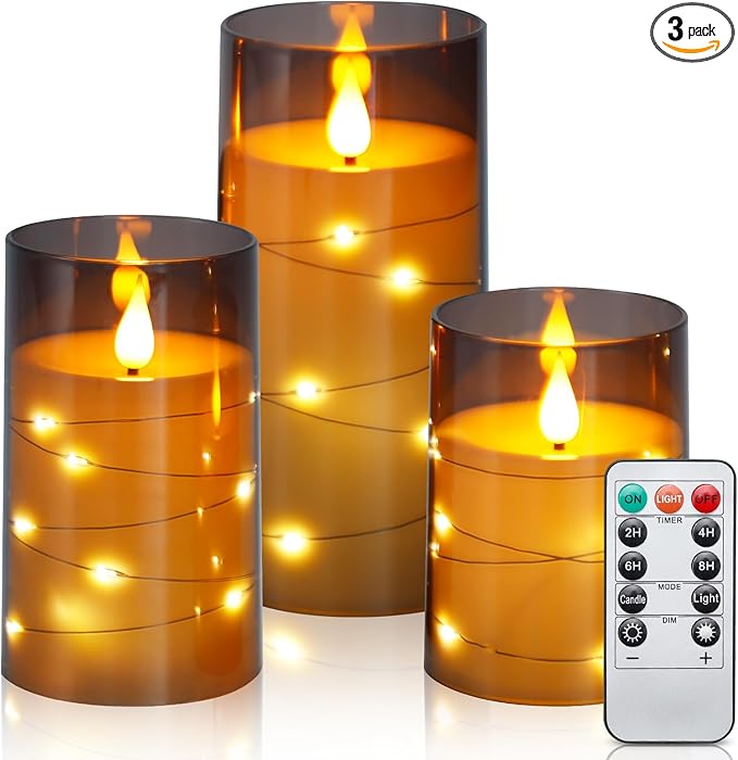 Aignis Flickering Flameless Candles Battery Operated Candles LED Candles with Remote Timer for Home/Wedding/Birthday/Holiday Decor, Grey 3D Flame Set of 3 (D3 xH4 5" 6")-Ruum Studio Home