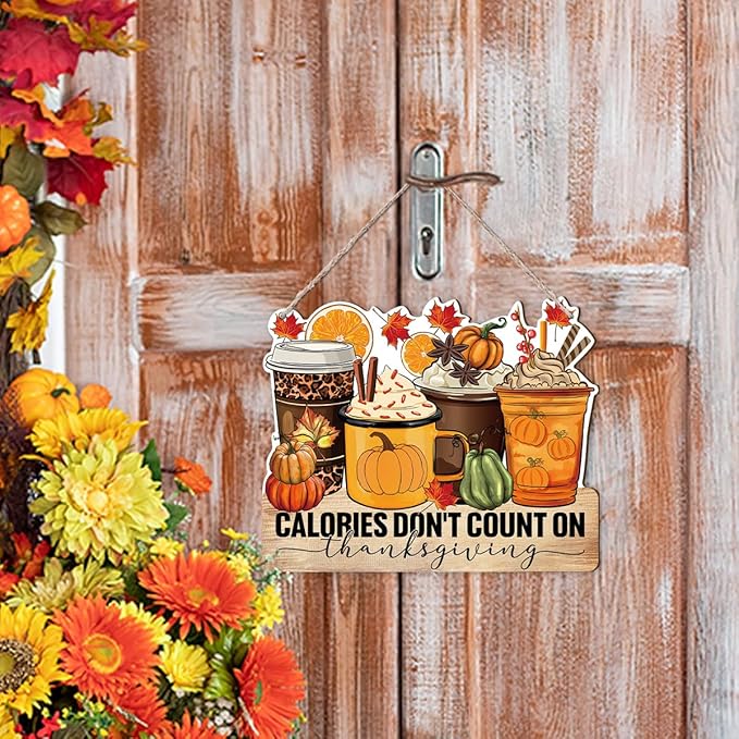 Thanksgiving Door Sign Decor, Calories don't Count on Thanksgiving, Fall Autumn Seasonal Wall Art Hanging Wooden Sign Halloween Decorations for Home Party Outside Indoor, Housewarming Gift-Ruum Studio Home