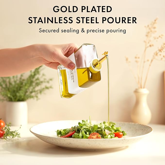 Glass Olive Oil Dispenser Bottle Set [4x12oz]: 36 Premium Gold Labels, Oil Dispenser for kitchen, Vinegar Bottle Set, Glass Dispensers for Soy Sauce, Syrup Bottles | Set of 4-Ruum Studio Home