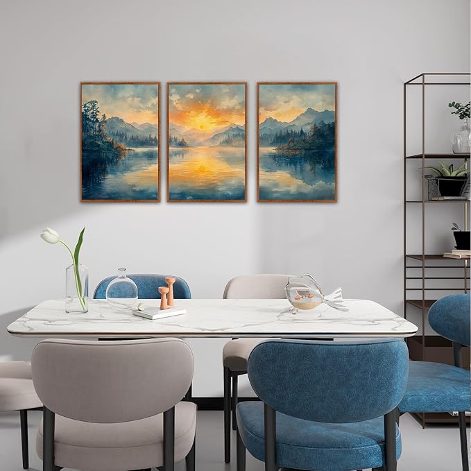 KAlRNE Sunset Mountain Canvas Wall Art,Abstract Scenery Wall Painting,Blue Landscape Lake Pictures,Watercolor Mountains Forests Art Prints For Living Room Bedroom Office Decoration - Framed 16X24 Inch-Ruum Studio Home