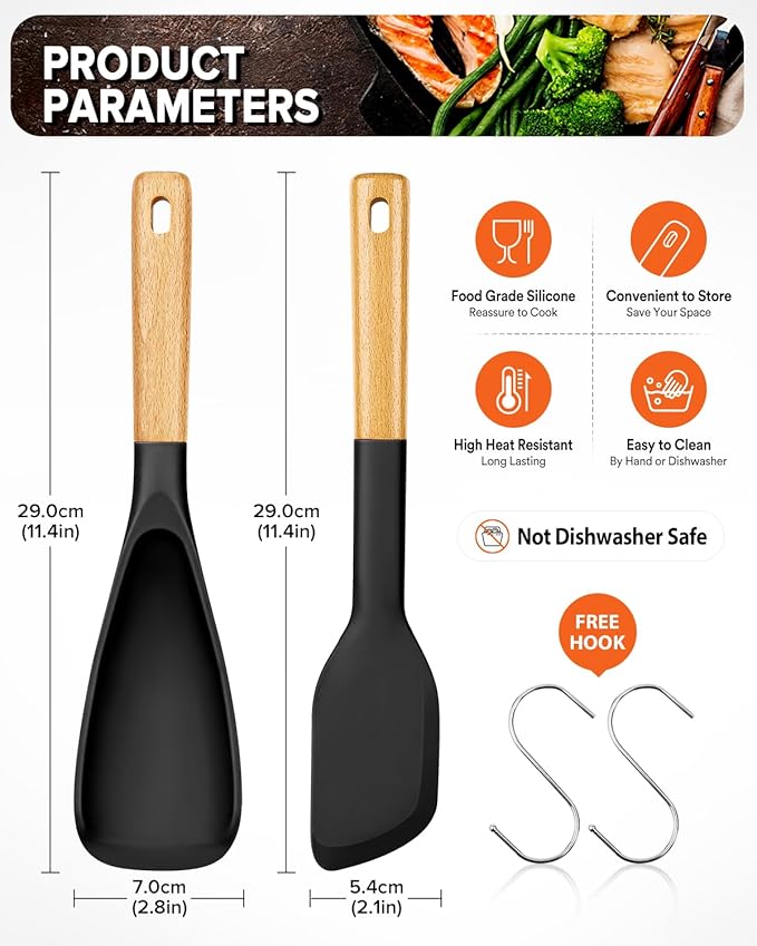 Cooking Spoon and Scraper for Nonstick Cookwares, Great for Cooking and Serving Durable BPA-Free Matte Silicone, Wood Handle Multifunction Spoon for Mixing, Scoop, and Scrape (BLACK)-Ruum Studio Home