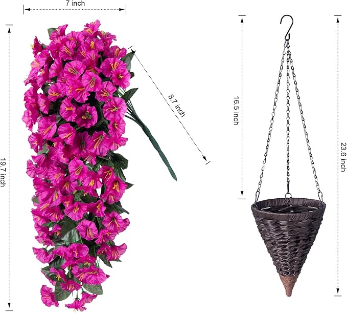 Artificial Fake Hanging Flowers Plants Baskets for Outdoor Outside Decoration, Faux Silk UV Resistant Realistic Fuchsia Morning Glory Planter for Home Porch Patio Balcony Garden Yard-Ruum Studio Home