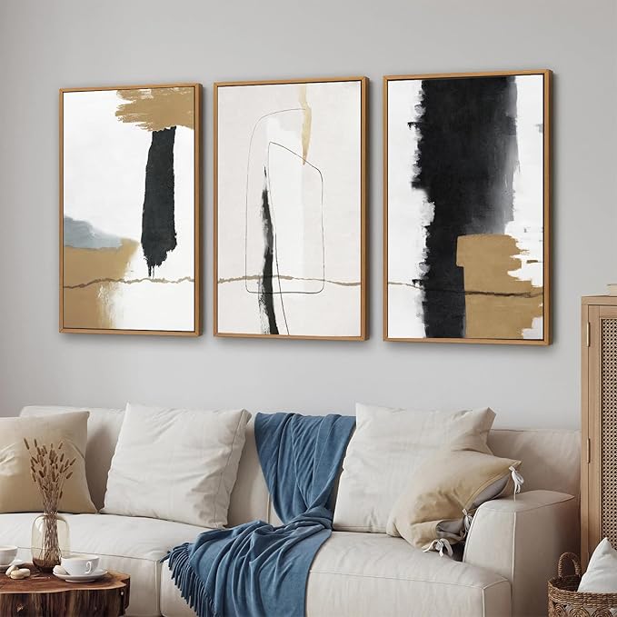 SIGNINART Black and White Abstract Framed Canvas Wall Art Set of 3, Beige Neutral Art Prints, Minimalist Modern Wall Decor for Living Room, Bedroom, Office,Above Couch 16"x24"x3-Ruum Studio Home