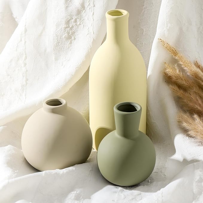 Vase Set of 3, Ceramic Vases Home Decor Flower Decorative Table Decor Vase Pottery Neutral Vases for Tray Table Mantel Living Room Kitchen Bedroom Bathroom Entryway -Light Color-Ruum Studio Home