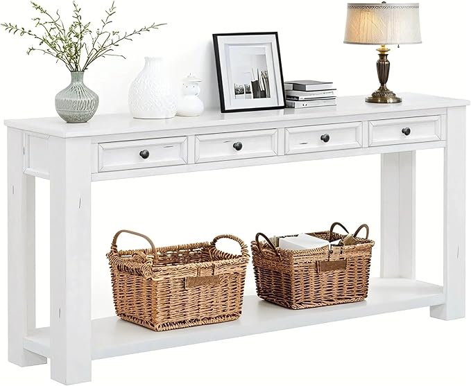 White Console Table,Solid Wood Sofa Table with 4 Drawers Hallway Table for Storage Entry Foyer Behind Couch Table,Fully Assembled (63" White)-Ruum Studio Home