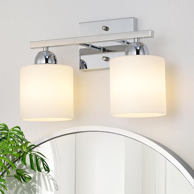 Stainless Steel Milk Glass Vanity Lights for Bathroom, 2 Light Chrome Bathroom Light Fixtures Over Mirror, Ceramic E26 Sockets Wall Mounted-Ruum Studio Home