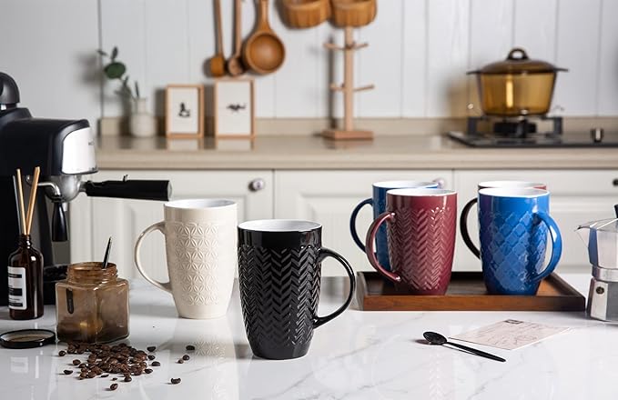AmorArc Large Coffee Mugs Set of 6, 20oz Ceramic Tall Coffee Mugs Set with Textured Geometric Patterns for Coffee/Tea/Beer/Hot Cocoa, Dishwasher & Microwave Safe, Beige&Burgundy-Ruum Studio Home