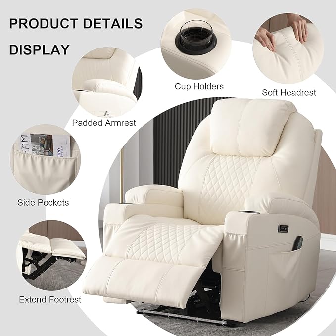 Power Recliner Chair with Heat and Massage, PU Leather Home Theater Seating with LED Lights/Cup Holders/Side Pocket/USB Port, Reclining Sofa Chair for Living Room (1, Beige)-Ruum Studio Home