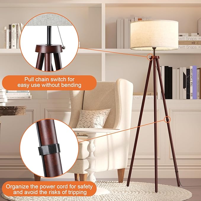 LiteHistory Wood Tripod Floor Lamps for Bedroom, Living Room, and Office, Corner lamp with Beige Linen Shade, 12W Three-Color Bulb Included, Pull Chain Switch, Gifts for mom for Home Decor, Walnut-Ruum Studio Home