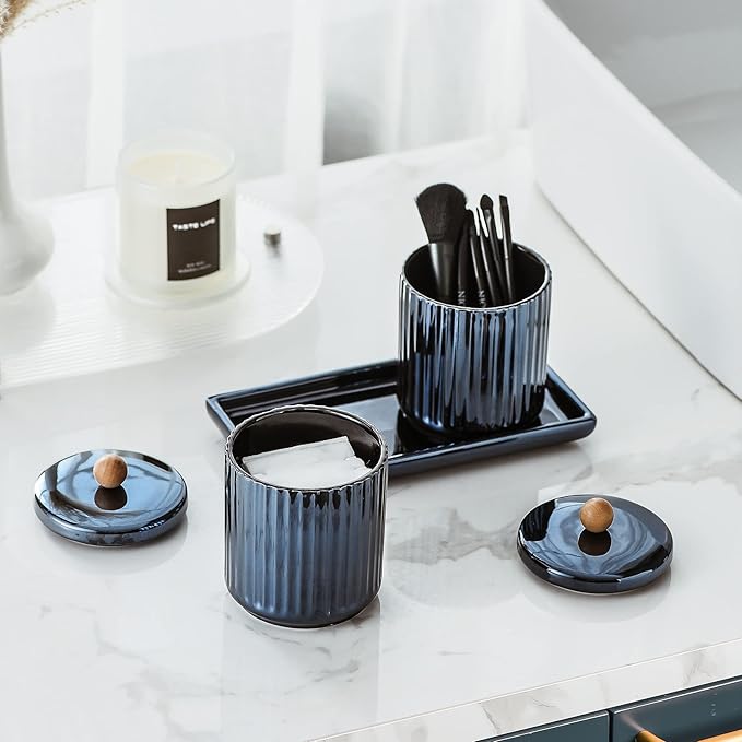 Qtip Holder Bathroom Set with Tray(3PCS) - 2 Piece 12 oz Blue Apothecary Jar Canister with Lid and 1 Pack Ceramic Vanity Tray-Ruum Studio Home