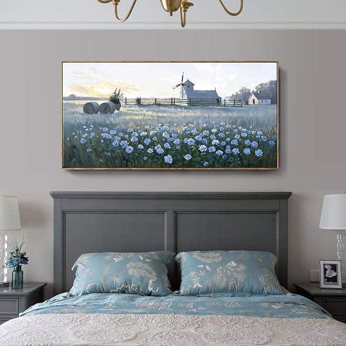 amatop Extra Large Wall Art Bedroom – Framed Country Landscape Canvas Art Blue Floral Field Windmill Print with Natural Wood Frame Rustic Wildflower Picture Home Decor for Living Room Office 58x29 Inch-Ruum Studio Home