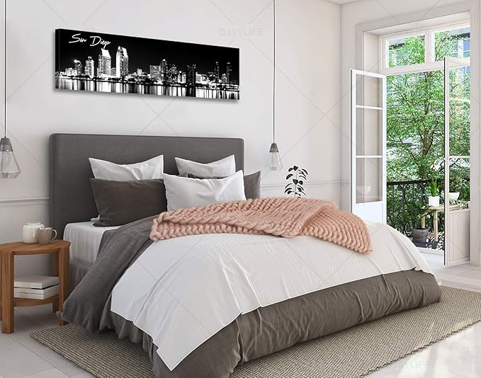 DJSYLIFE San Diego Skyline Wall Art Black and White Night View USA Cityscape California Pictures Artwork Painting Poster for Bedroom Office Decoration Stretch Framed Ready to Hang 13.8"x47.3"-Ruum Studio Home