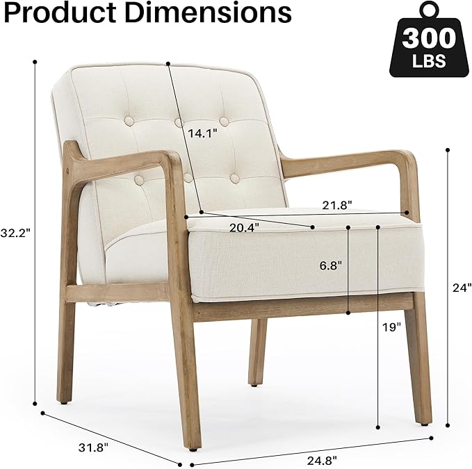 Linen Accent Chair, Mid Century Modern Chair for Living Room, Upholstered Comfy Lounge Armchair with Solid Wood Frame, Reading Side Chair for Bedroom,105°Ergonomic Comfort, White-Ruum Studio Home