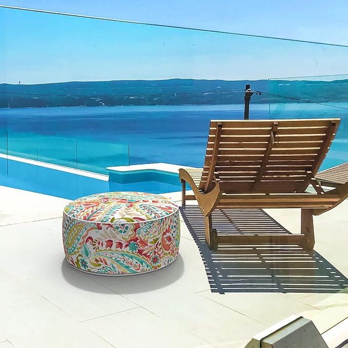 LVTXIII Inflatable Stool Ottoman Footrest with Handle, Decorative Fade-Resistant Foot Stool, Indoor or Outdoor Pouf for Home Patio Garden and Camping Use, D21 x W 21 x H9, Warm Paisley-Ruum Studio Home