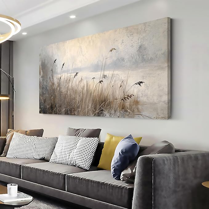 LASMOND Vintage Meadow Wall Art for Living Room Reed Grass Canvas Painting Prints Large Retro Rustic Cottagecore Countryside Landscape Farmhouse Bedroom Artwork Home Decor (30x16 Inches)-Ruum Studio Home