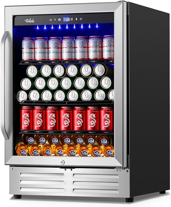 24 Inch Beverage Refrigerator Cooler,210 Cans Wide Beverage and Beer Fridge with Glass Door and Powerful Cooling Compressor, Built-in/Freestanding Drink Fridge for Kitchen, Bar or Office-Ruum Studio Home
