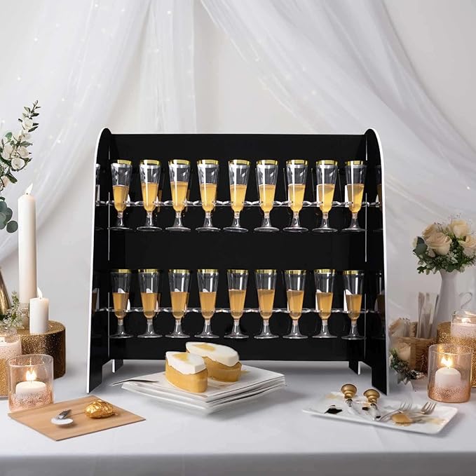 Tableclothsfactory Black Mirror Finish 2-Tier Wine Glass Stemware Rack, 18 Champagne Flute Holder Foam Board Stand - 25"-Ruum Studio Home