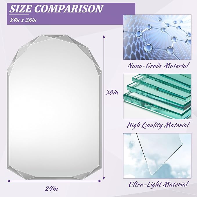 Bathroom Mirror for Wall, 24" x 36" Arched Mirror, Bathroom Vanity Mirror, Beveled Edge Frameless Wall Mount Vanity Mirrors, Wall Mirrors Decorative, Irregular Beveled Edge Mirror-Ruum Studio Home