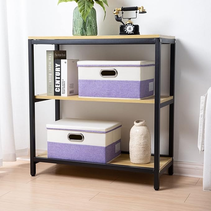 PRANDOM Collapsible Storage Bin with Lid [3-Pack] Fabric Foldable Storage Box Organizer Container Basket Cube with Cover for Home Bedroom Closet Office Nursery Purple&Cream(14.9x9.8x9.8)-Ruum Studio Home