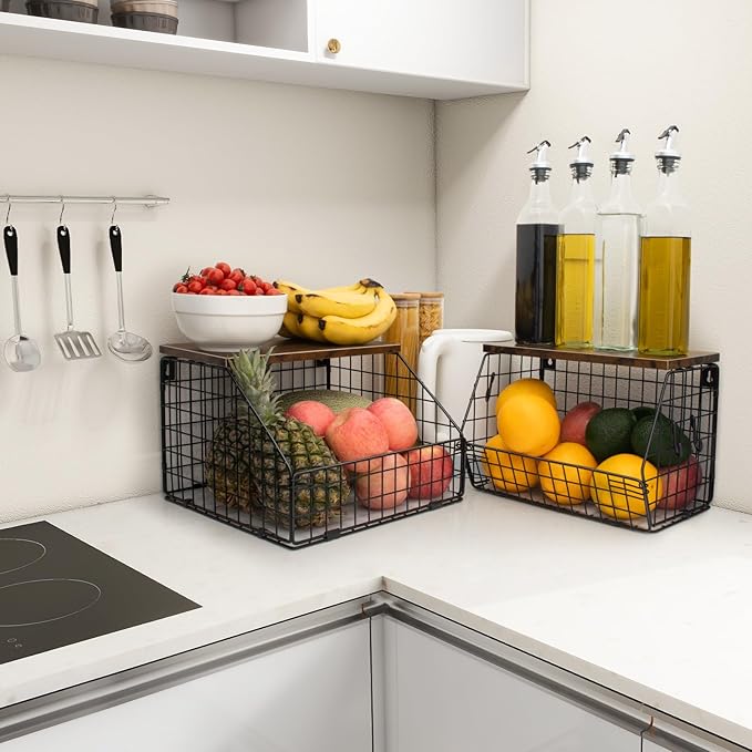 Fruit Basket, Stackable Wall Mounted Fruit Baskets, Potato Baskets Onion Storage for Kitchen, Hanging Wire Basket with Wood Lid, 2-Tier Vegetable Organizer Kitchen Countertop Organization-Ruum Studio Home