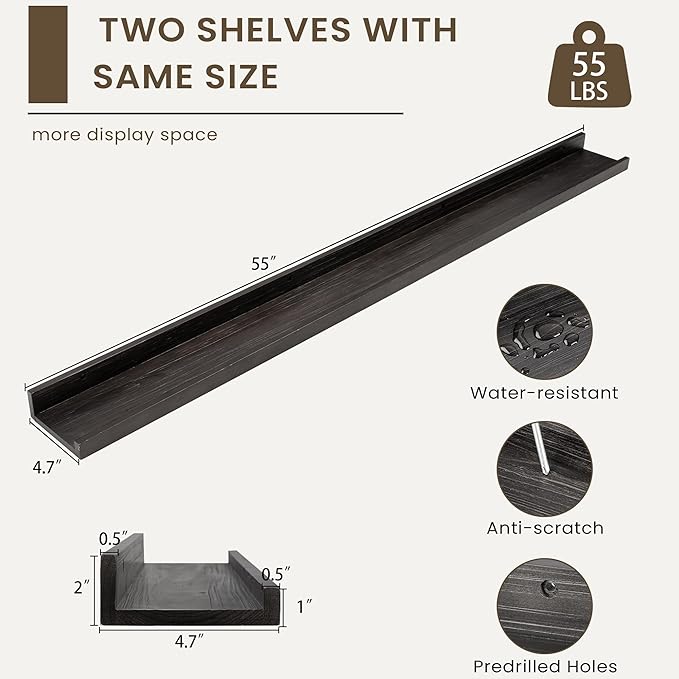 Floating Shelves for Wall, Picture Ledge Shelf 55 Inch Solid Wood Set of 2, Rustic Wall Shelves with Lip, Kids Bookshelf, Photo & Picture Live Edge Floating Shelves for Bedroom, Living Room, Kitchen-Ruum Studio Home