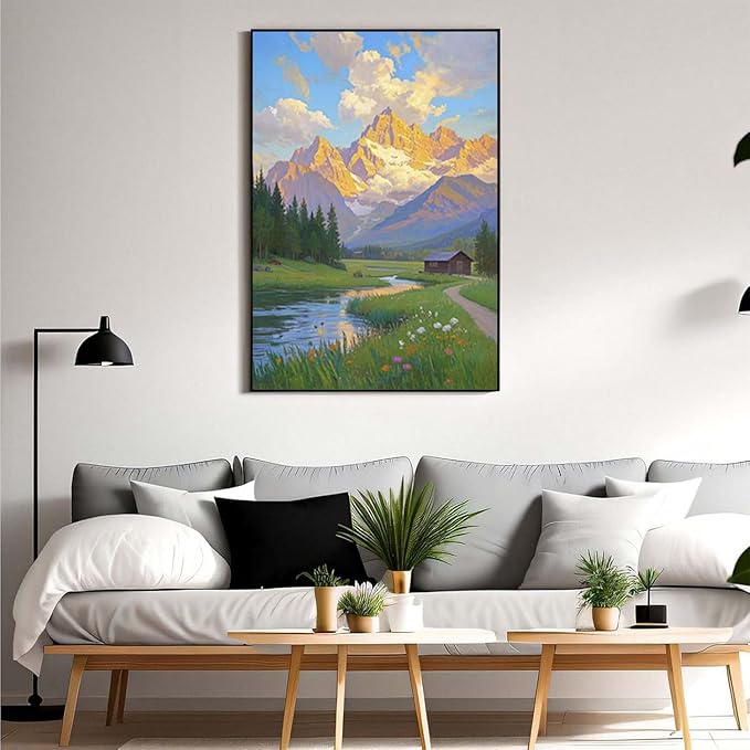 The mountain stream and lawn scenery under the sun is suitable for posting in the living room bedroom office landscape poster wall painting-Ruum Studio Home