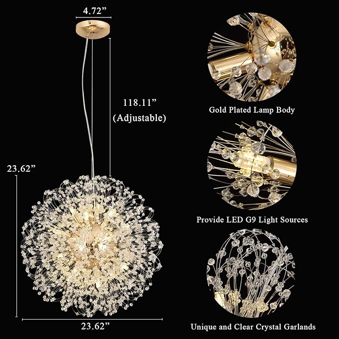 Modern Crystal Chandelier, Sputnik Dandelion High Ceiling Hanging Lamp, Large Beaded Gold Pendant Light for Living Room Dining Room Kitchen Island Bedroom (Gold 16Lights)-Ruum Studio Home