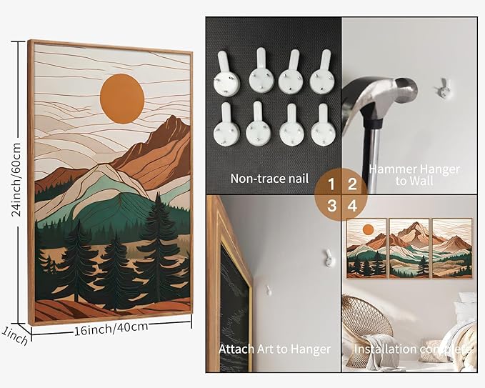 Tinonedraw Mountain Framed Canvas Wall Art Set of 3, Sunrise Forest Woodland Landscape Art Prints, Boho Coloful Ridge Scenery Wall Decor, Wood Pine Wilderness Art Paintings for Living Room Bedroom, Office 16"x24"-Ruum Studio Home