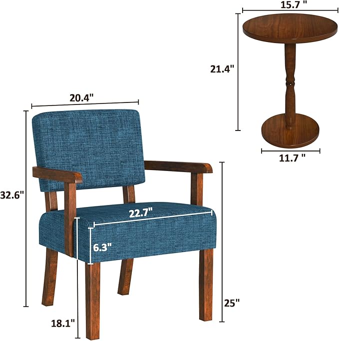 Accent Chair Set of 2 with Table, Living Room Chairs with Soft Seat and Armrests for Living Room Bedroom Reading Room Waiting Room, Lake Blue (AC01)-Ruum Studio Home
