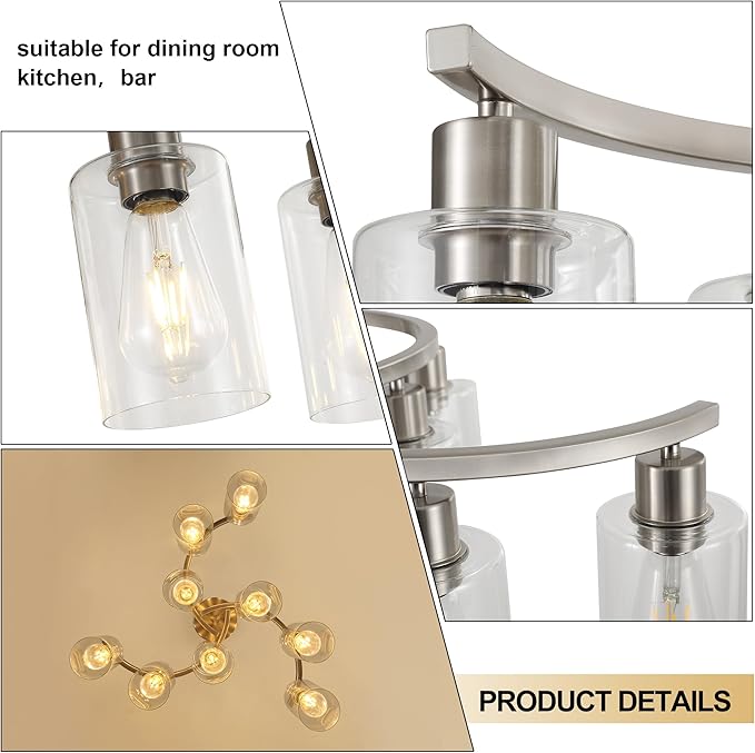 9-Light Brushed Nickel Glass Chandelier, Adjustable Height Hanging Industrial Dining Room Chandelier Over Table, Modern Farmhouse Chandelier for Kitchen Island Living Room Entryway Bedroom-Ruum Studio Home