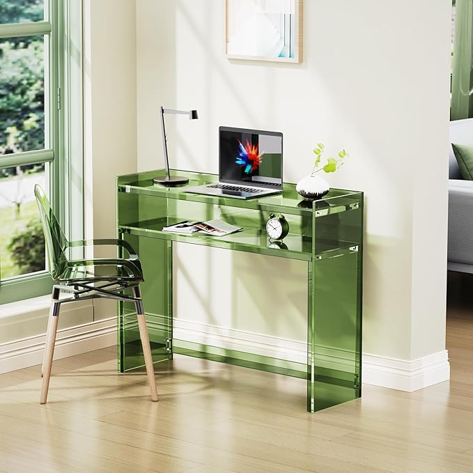 Acrylic Console Table, Entryway Table with Storage Shelves (Green)-Ruum Studio Home