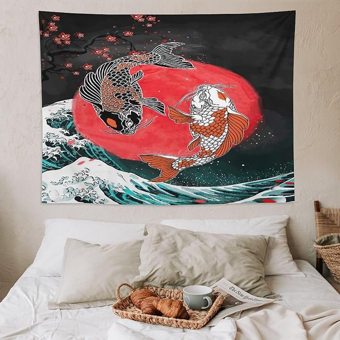 Houselerax Koi Fish Tapestries,Japanese Style Yin Yang Big Wave Cherry Blossoms Tapestry Wall Hanging for Bedroom Living Room Office Decor 80"x60"-Ruum Studio Home
