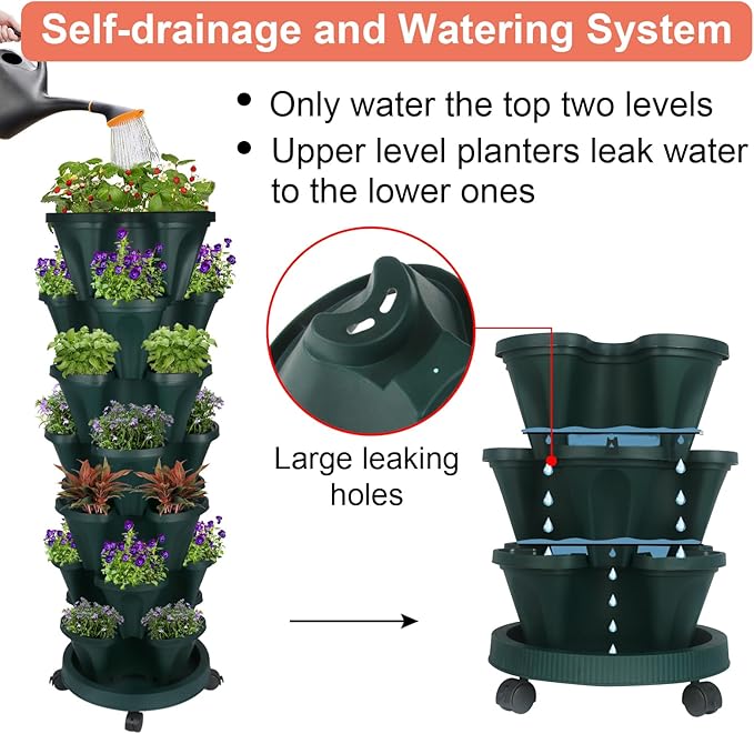 Vertical Planter 7 Tier Stackable Planters Garden Planters Strawberry Herb Flower and Vegetable Planter Indoor Outdoor Gardening Pots with Removable Wheels and Tools 2-Pack-Ruum Studio Home