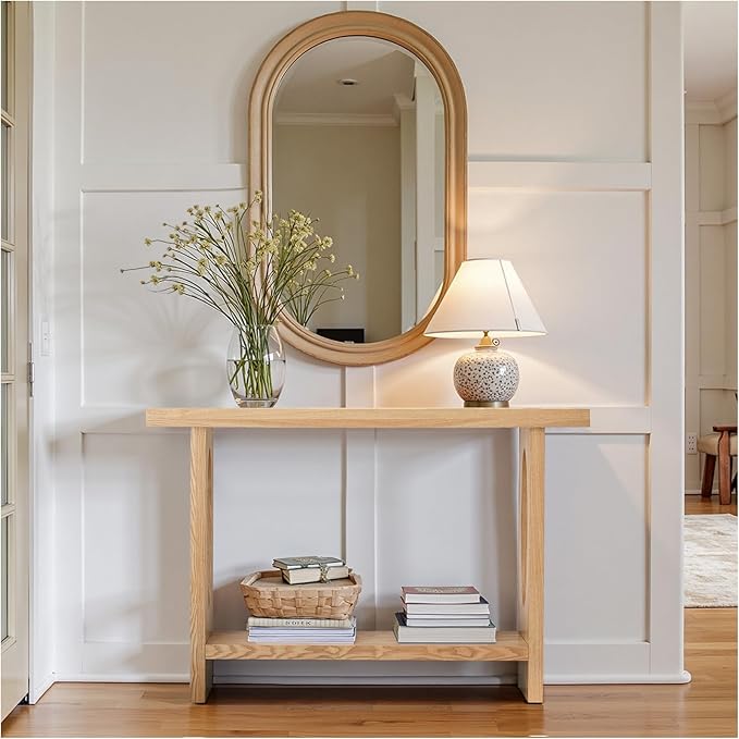BECHAEO 47-Inch Farmhouse Narrow Console Table, 2'' Thickened Entryway Table with Solid Wood Veneer, 2-Tier Sofa Tables Behind Couch, Rectangle Hallway Tables for Living Room, Foyer Rustic Oak-Ruum Studio Home