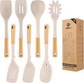 Silicone Kitchen Utensil Set for Non Stick Cookware, 7 Pcs Heat Resistant Cooking Utensils with Wooden Handle, BPA Free Kitchen Tools with Spatulas, Spoons, Skimmer and Pasta Fork (KHAKI)-Ruum Studio Home