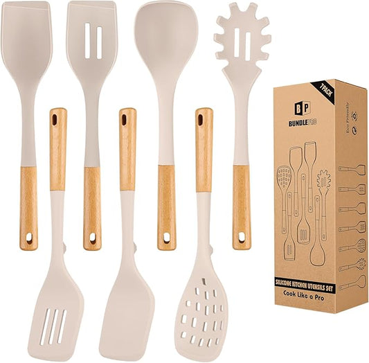 Silicone Kitchen Utensil Set for Non Stick Cookware, 7 Pcs Heat Resistant Cooking Utensils with Wooden Handle, BPA Free Kitchen Tools with Spatulas, Spoons, Skimmer and Pasta Fork (KHAKI)-Ruum Studio Home