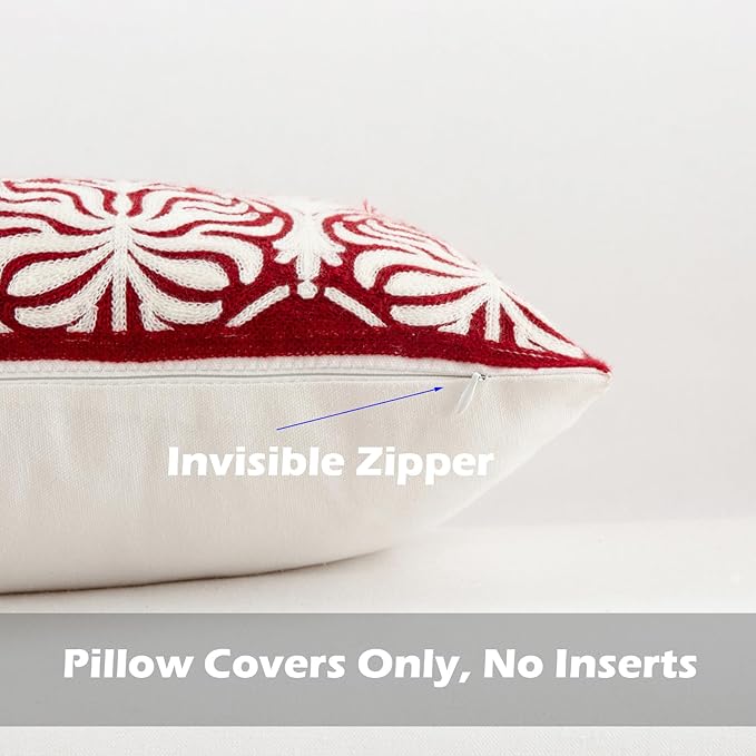 HWY 50 Burgundy Red Decorative Lumbar Pillow Cover Rectangle 12x20 Inch (1 Piece), Embroidered Cotton Farmhouse Cushion Cover Pillow Case for Sofa Couch Living Room Bed, Minimalist Floral-Ruum Studio Home