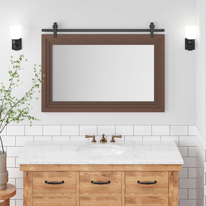 ALBAD Farmhouse Wood Framed Wall Mirror, Natural Wood and Framed Wall Mounted Bathroom Vanity Mirror for Farmhouse Decor, Vertical or Horizontal Hanging-Ruum Studio Home