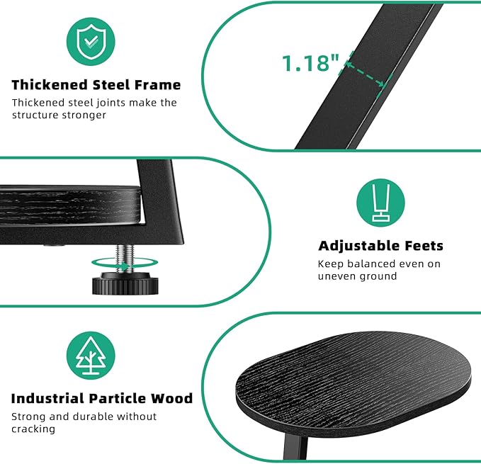 Side Table, Small End Table with Metal Frame, 3-Tier Bedside Tables, Round Side Tables for Living Room Bedroom Couch Bathroom, Oval, Pure Black-Ruum Studio Home