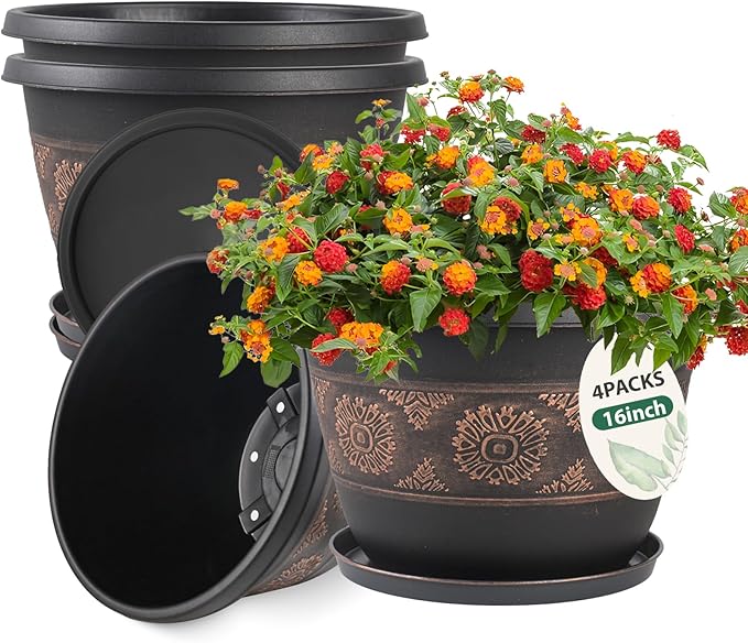 4 Pack 16 inch Plant Pots, Retro Pattern Planters with Drainage Holes and Saucer, Sturdy Plastic Garden Flower Pots for Indoor & Outdoor Plants-Ruum Studio Home