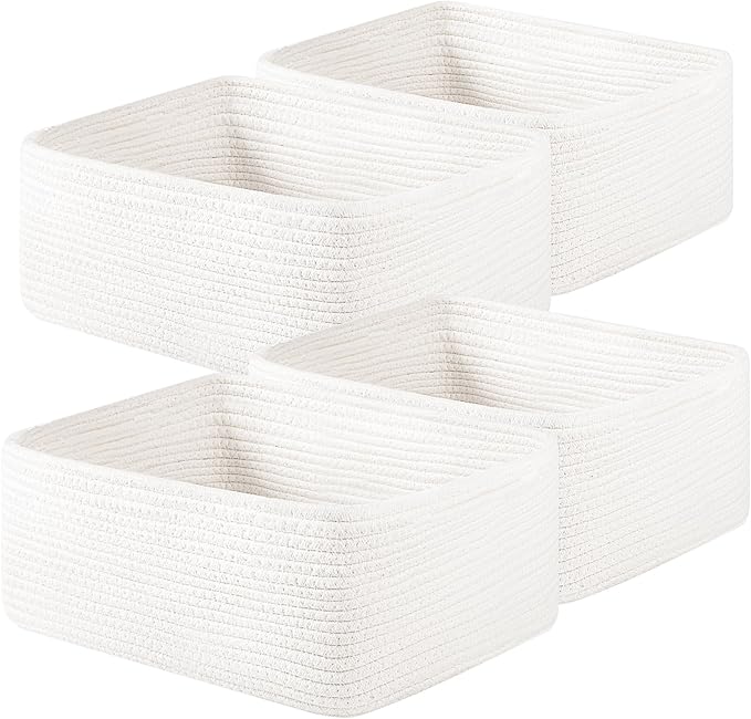 OIAHOMY 4 Pack 14.17*11.02*6.3IN Storage Baskets for Organizing Shelves, Woven Rope Baskets for Organizing Books, Clothes, Decorative Basket for Living Room, Nursery, Bedroom, Gift Basket, White-Ruum Studio Home