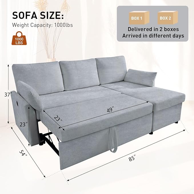 Waxberry Sectional Sofa Couch, Pull Out Couch Sleeper Sofa Bed with Storage for Living Room, Reversible Chaise, Side Pockets & Dual USB/Type-C Ports, Includes 1 Blanket, Grey-Ruum Studio Home
