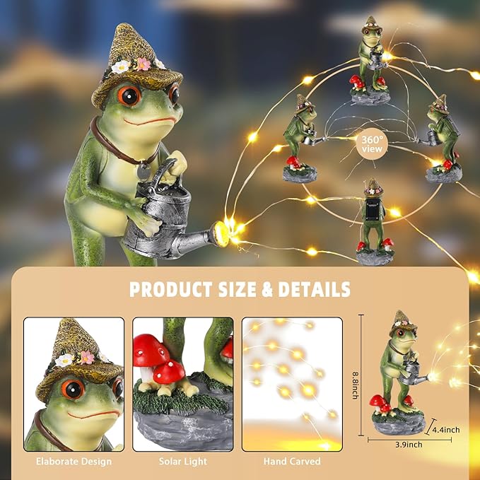 Solar Frog Statue for Garden with Watering Can Light 8.8" Resin Frog Figurine Outdoor Patio Porch Yard Decor Unique Birthday Housewarming Gifts for Women Mom Grandma Wife Sister-Ruum Studio Home